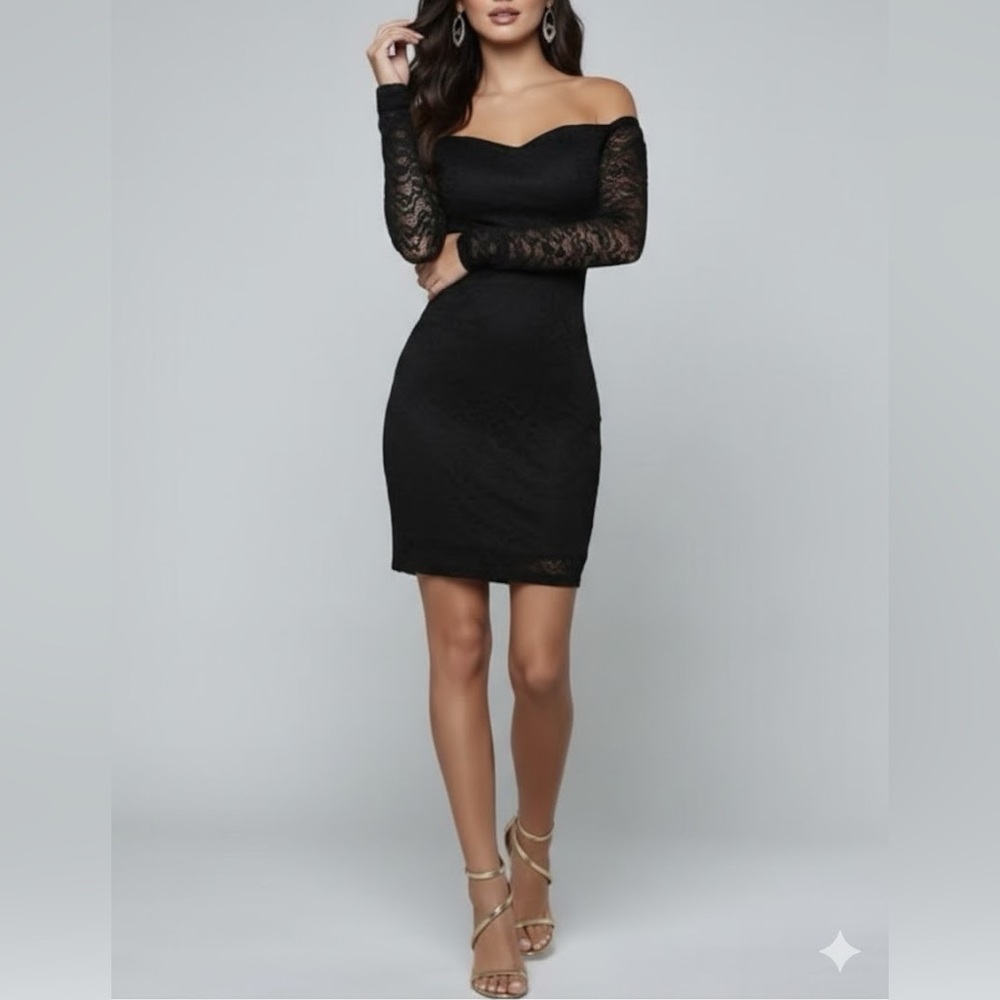 bebe  Off The Shoulder Black Lace Long Sleeve mini  Dress